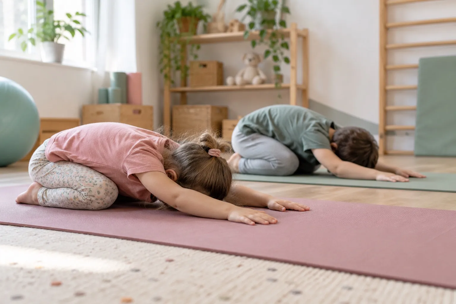 Dwoje dzieci odpoczywa w pozycji dziecka na matach